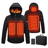 Beheizte Jacke mit Kapuze, Warme Jacke USB Heizjacke mit 3 Heizstufen, Beheizbare Kapuzenjacke Herren Damen Wasserdicht Wintermäntel Körperwärmer zum Outdoorarbeiten Skifahren Motorrad,Tiefschwarz,L