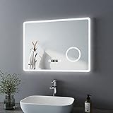 Bath-mann LED Badspiegel 80x60cm mit Beleuchtung Kaltweiß Badezimmerspiegel Spiegel mit Touch Lichtschalter, 3X Vergrößerung Lupe Schminkspiegel, Beschlagfrei, Uhr, Wandspiegel Horizontal