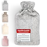 Blumtal Wärmflasche mit Bezug in Kunstfelloptik, Wärmeflasche mit Fassungsvermögen von bis zu 1,8 Litern und superweichem Bezug in Grau